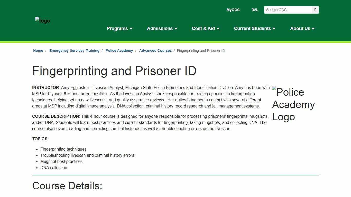 Fingerprinting and Prisoner ID Oakland County, MI Oakland Community College