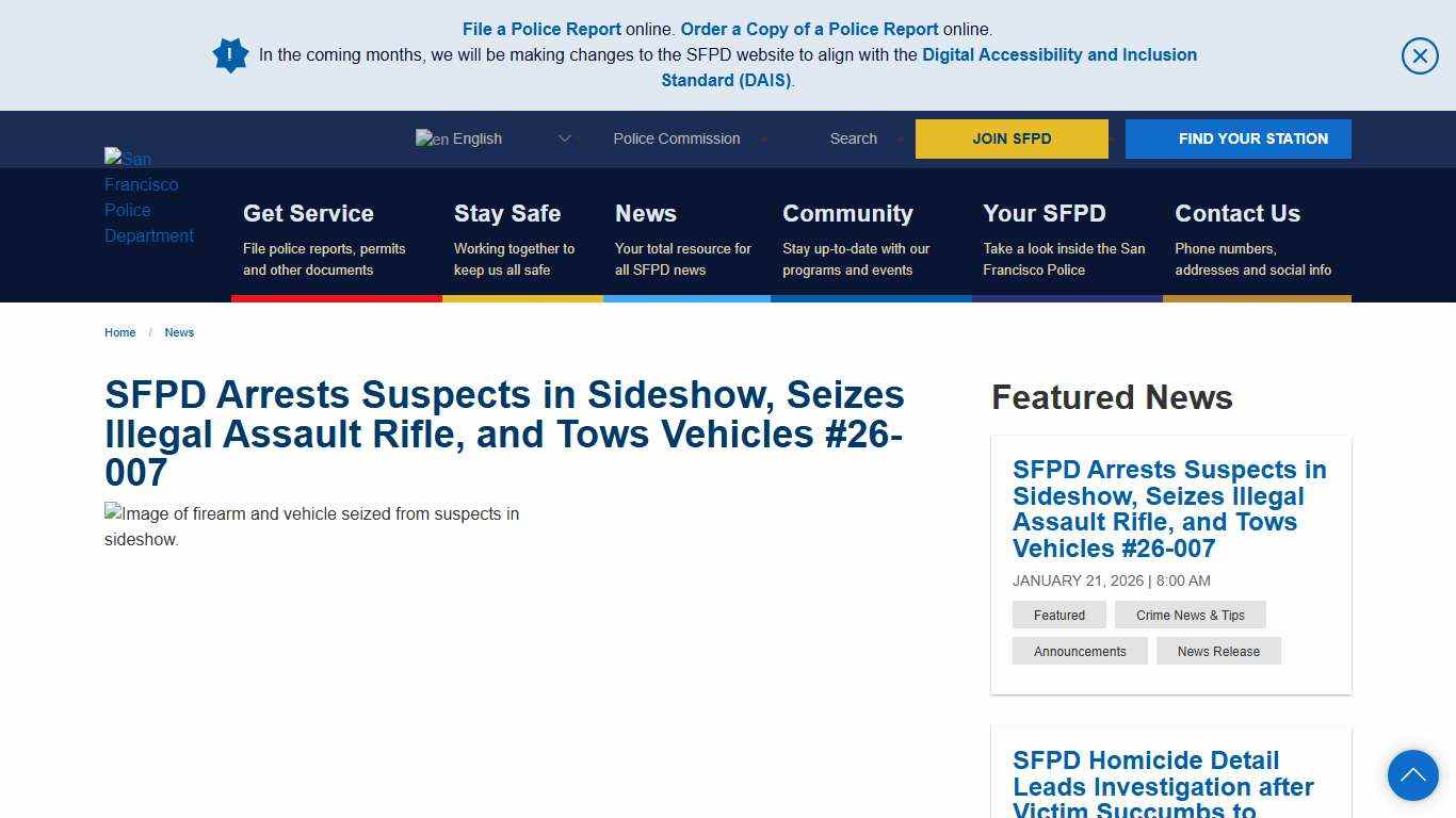 SFPD Arrests Suspects in Sideshow, Seizes Illegal Assault Rifle, and Tows Vehicles #26-007 San Francisco Police Department